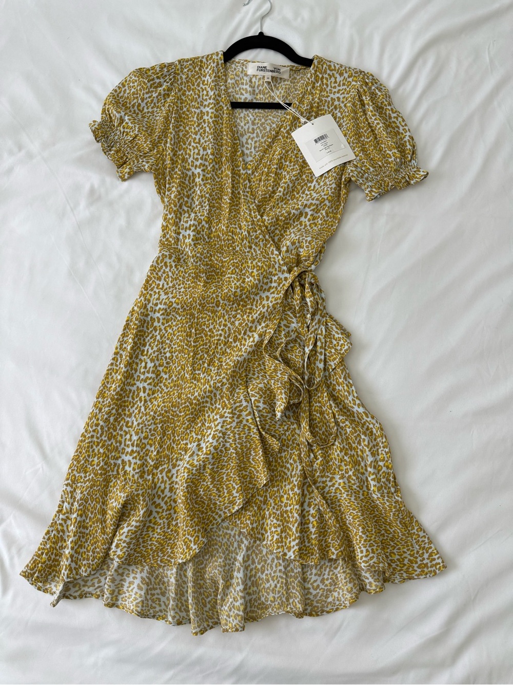 Diane von Furstenberg Women's Emilia Yellow Leopard Dress Ruffle Viscose NWT XS